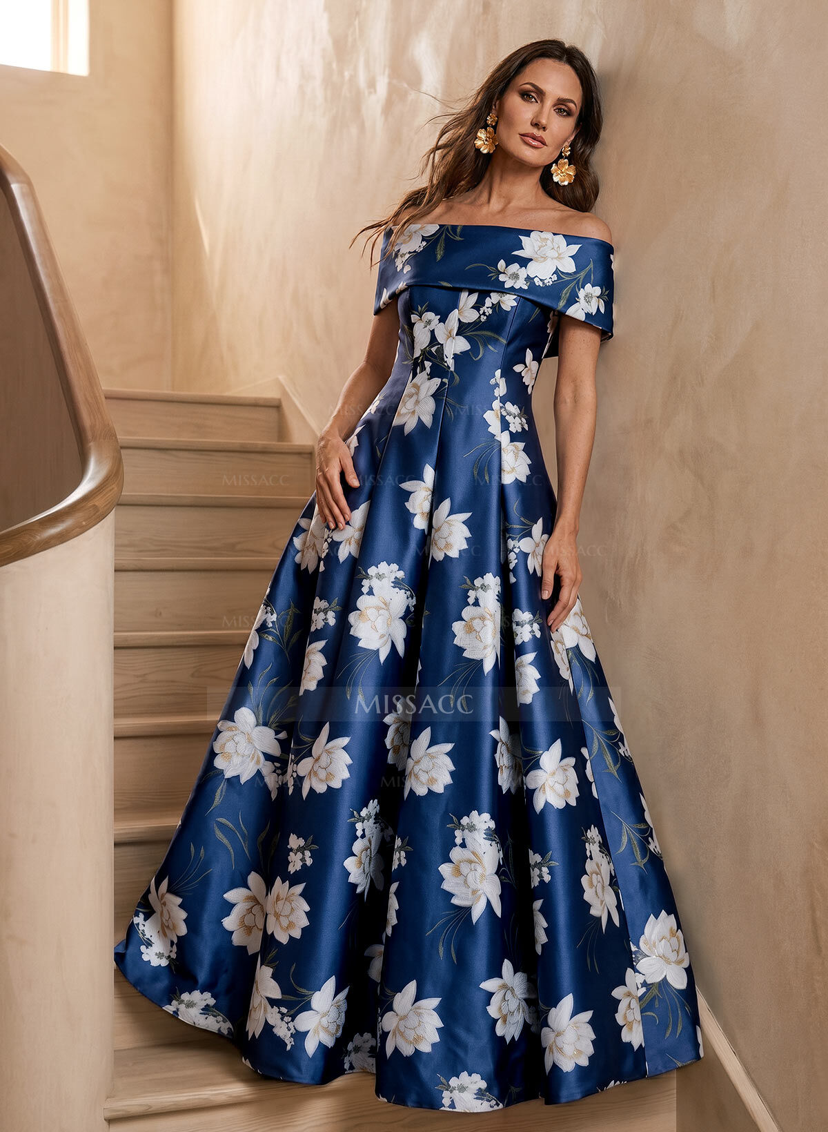 A-Line Off-The-Shoulder Floor-Length Twill Satin Mother Of The Bride Dresses With Floral-Print