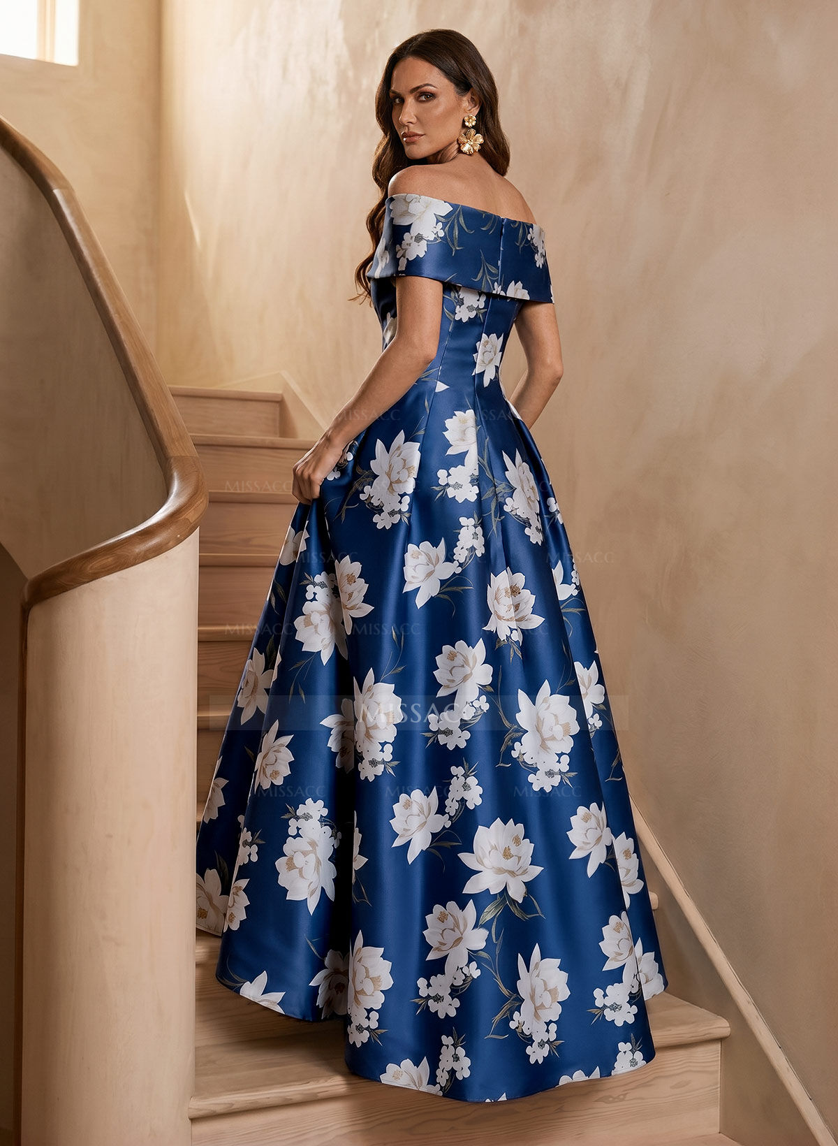 A-Line Off-The-Shoulder Floor-Length Twill Satin Mother Of The Bride Dresses With Floral-Print