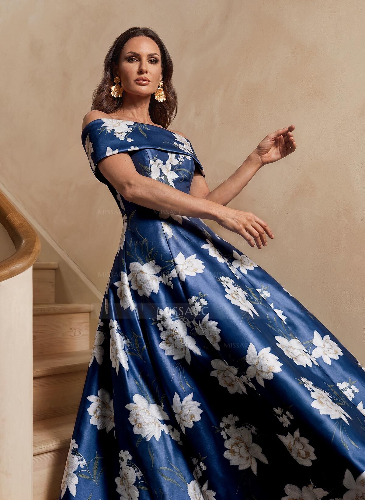 A-Line Off-The-Shoulder Floor-Length Twill Satin Mother Of The Bride Dresses With Floral-Print