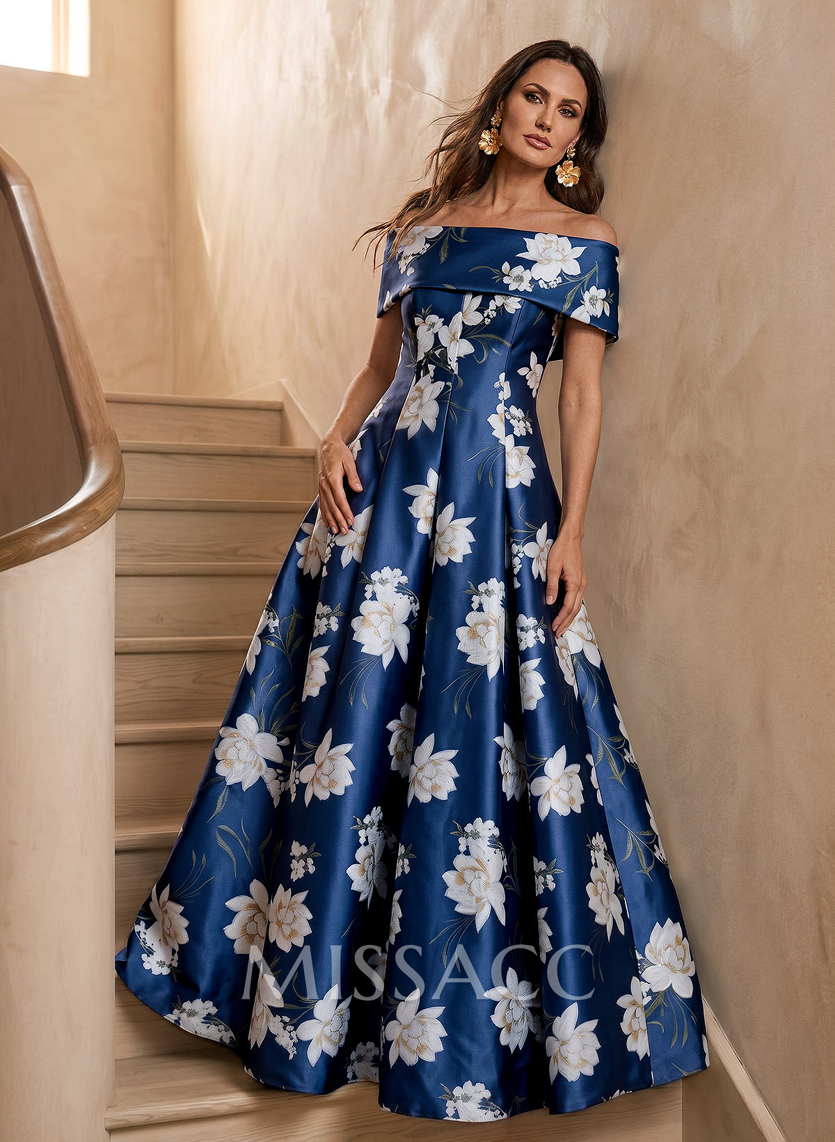 A-Line Off-The-Shoulder Floor-Length Twill Satin Mother Of The Bride Dresses With Floral-Print A-Line Off-The-Shoulder Floor-Length Twill Satin Mother Of The Bride Dresses With Floral-Print