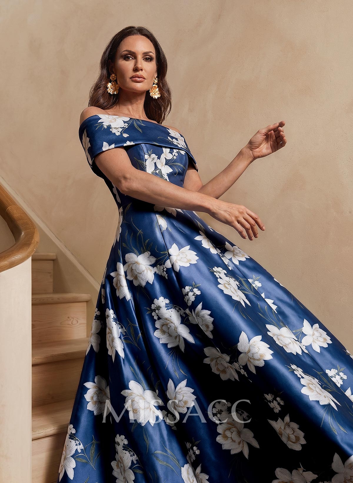 A-Line Off-The-Shoulder Floor-Length Twill Satin Mother Of The Bride Dresses With Floral-Print A-Line Off-The-Shoulder Floor-Length Twill Satin Mother Of The Bride Dresses With Floral-Print