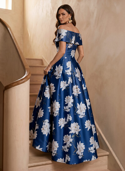 A-Line Off-The-Shoulder Floor-Length Twill Satin Mother Of The Bride Dresses With Floral-Print