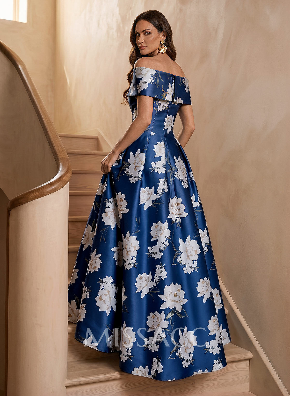 A-Line Off-The-Shoulder Floor-Length Twill Satin Mother Of The Bride Dresses With Floral-Print