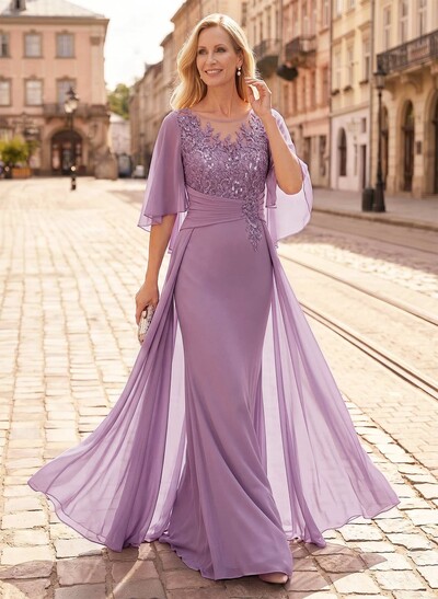 Trumpet/Mermaid Scoop Neck Floor-Length Chiffon Mother Of The Bride Dresses With Appliques Lace/Overskirt Dress