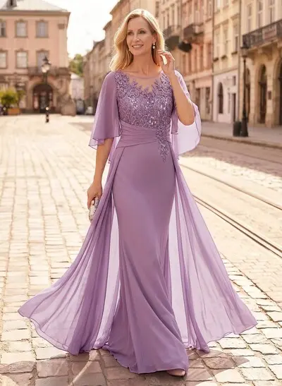 Trumpet/Mermaid Scoop Neck Floor-Length Chiffon Mother Of The Bride Dresses With Appliques Lace/Overskirt Dress
