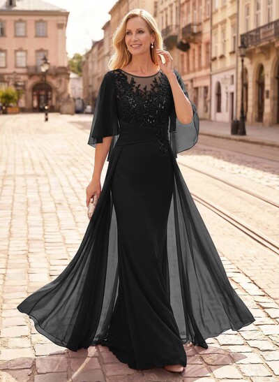 Trumpet/Mermaid Scoop Neck Floor-Length Chiffon Mother Of The Bride Dresses With Appliques Lace/Overskirt Dress