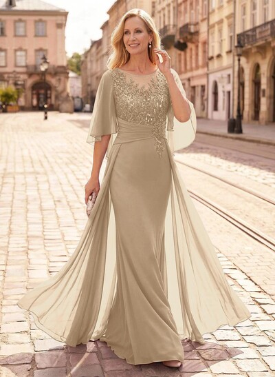 Trumpet/Mermaid Scoop Neck Floor-Length Chiffon Mother Of The Bride Dresses With Appliques Lace/Overskirt Dress