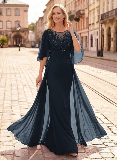 Trumpet/Mermaid Scoop Neck Floor-Length Chiffon Mother Of The Bride Dresses With Appliques Lace/Overskirt Dress
