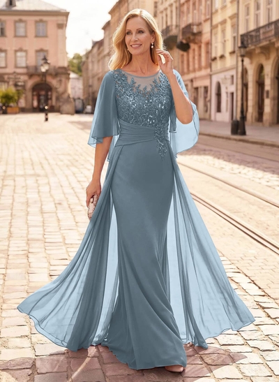 Trumpet/Mermaid Scoop Neck Floor-Length Chiffon Mother Of The Bride Dresses With Appliques Lace/Overskirt Dress