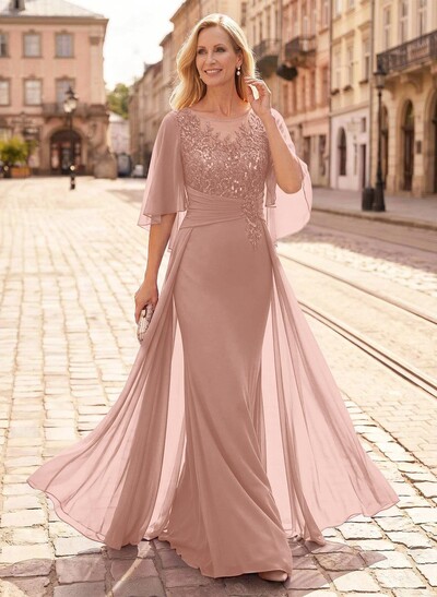 Trumpet/Mermaid Scoop Neck Floor-Length Chiffon Mother Of The Bride Dresses With Appliques Lace/Overskirt Dress
