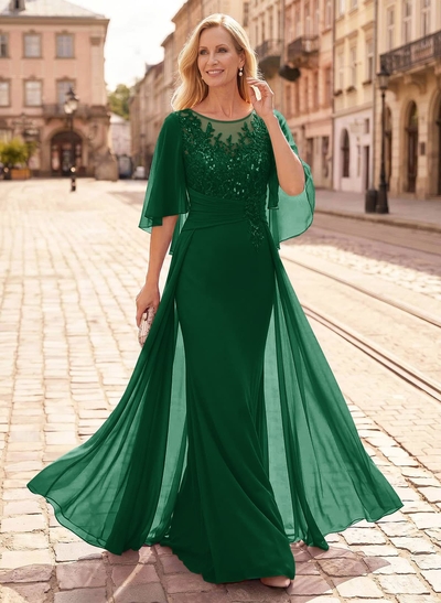 Trumpet/Mermaid Scoop Neck Floor-Length Chiffon Mother Of The Bride Dresses With Appliques Lace/Overskirt Dress