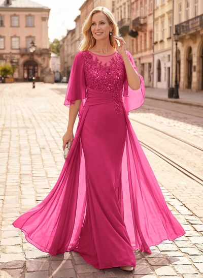 Trumpet/Mermaid Scoop Neck Floor-Length Chiffon Mother Of The Bride Dresses With Appliques Lace/Overskirt Dress