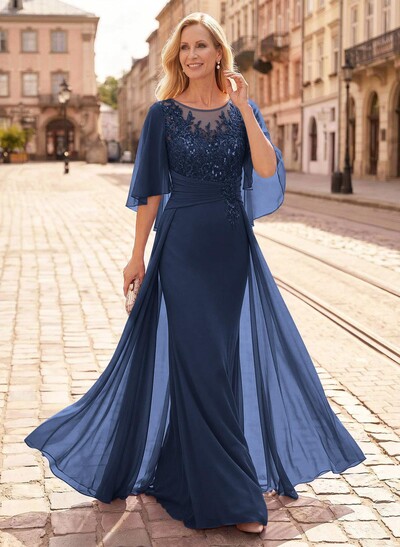 Trumpet/Mermaid Scoop Neck Floor-Length Chiffon Mother Of The Bride Dresses With Appliques Lace/Overskirt Dress