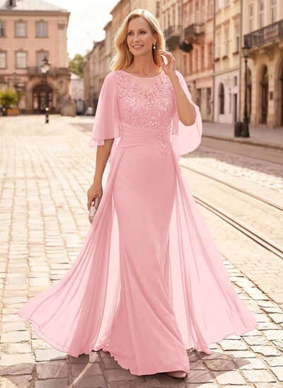 Trumpet/Mermaid Scoop Neck Floor-Length Chiffon Mother Of The Bride Dresses With Appliques Lace/Overskirt Dress