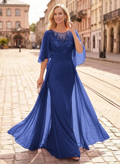 Trumpet/Mermaid Scoop Neck Floor-Length Chiffon Mother Of The Bride Dresses With Appliques Lace/Overskirt Dress