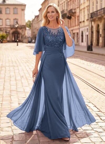 Trumpet/Mermaid Scoop Neck Floor-Length Chiffon Mother Of The Bride Dresses With Appliques Lace/Overskirt Dress