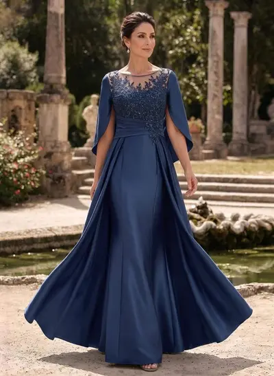 A-Line Scoop Neck Cape Sleeves Floor-Length Satin Mother Of The Bride Dresses With Appliques Lace/Overskirt Dress
