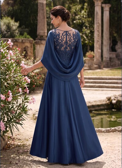 A-Line Scoop Neck Cape Sleeves Floor-Length Satin Mother Of The Bride Dresses With Appliques Lace/Overskirt Dress