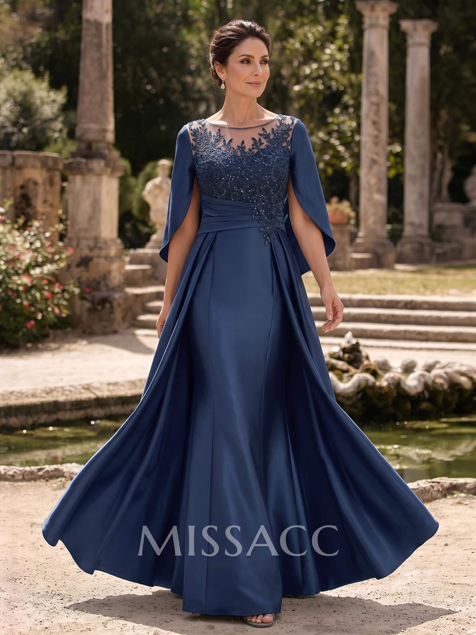 A-Line Scoop Neck Cape Sleeves Floor-Length Satin Mother Of The Bride Dresses With Appliques Lace/Overskirt Dress