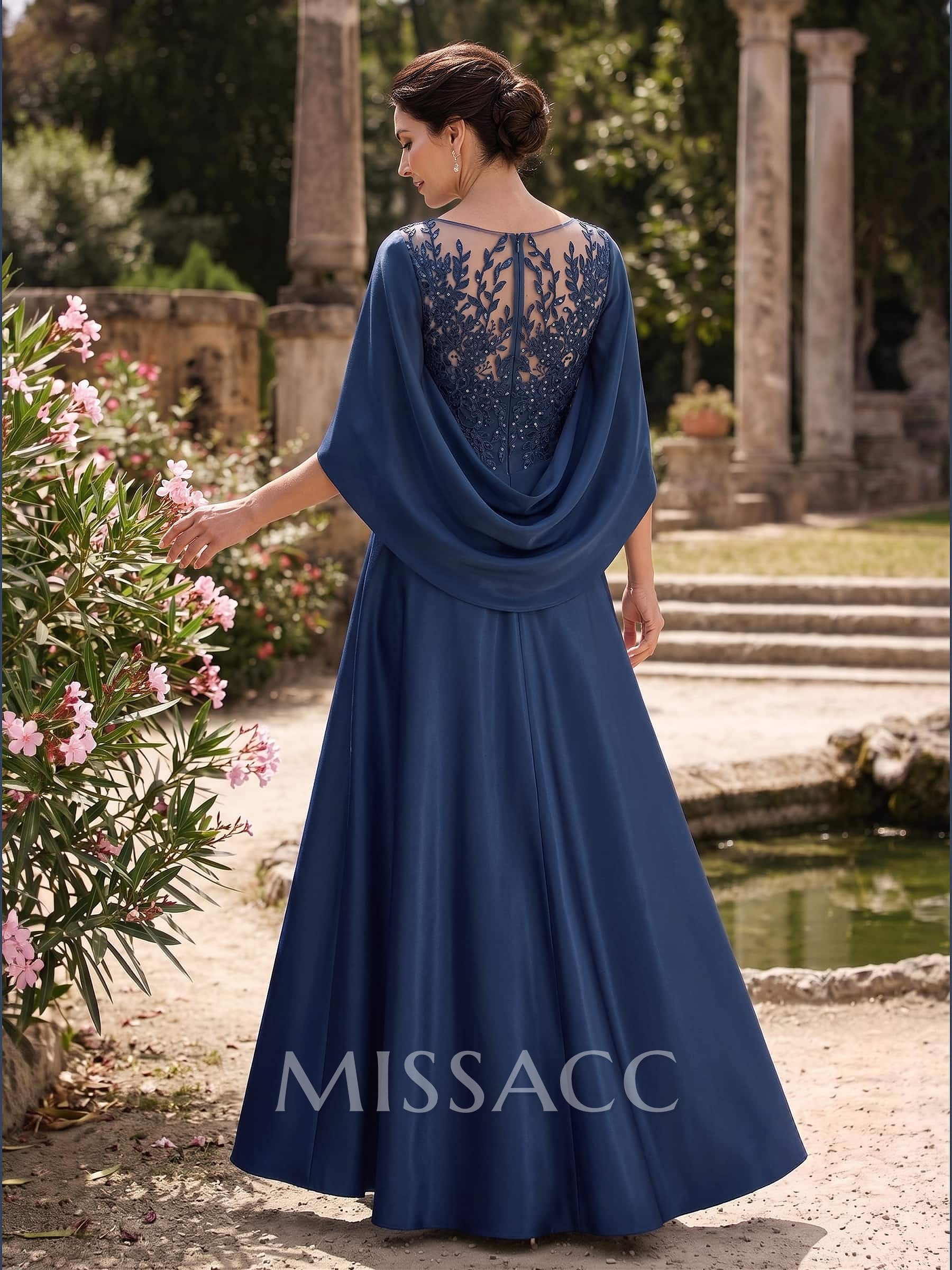 A-Line Scoop Neck Cape Sleeves Floor-Length Satin Mother Of The Bride Dresses With Appliques Lace/Overskirt Dress