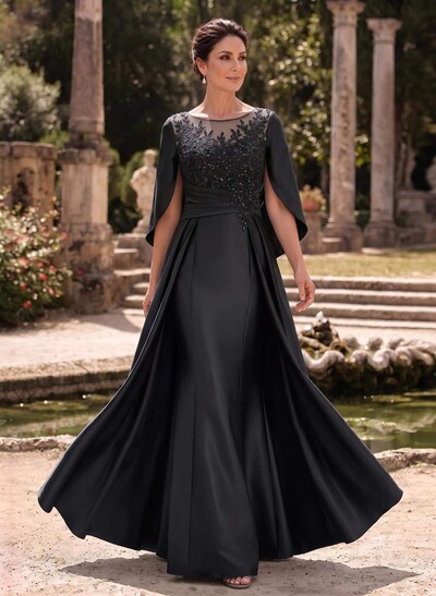 A-Line Scoop Neck Cape Sleeves Floor-Length Satin Mother Of The Bride Dresses With Appliques Lace/Overskirt Dress