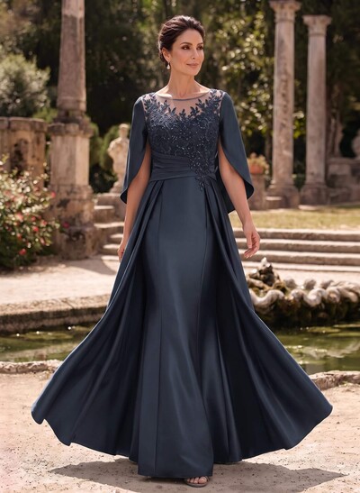 A-Line Scoop Neck Cape Sleeves Floor-Length Satin Mother Of The Bride Dresses With Appliques Lace/Overskirt Dress