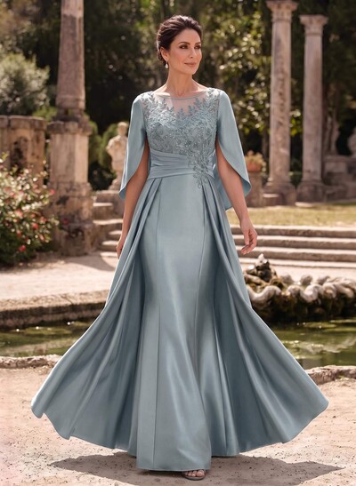 A-Line Scoop Neck Cape Sleeves Floor-Length Satin Mother Of The Bride Dresses With Appliques Lace/Overskirt Dress