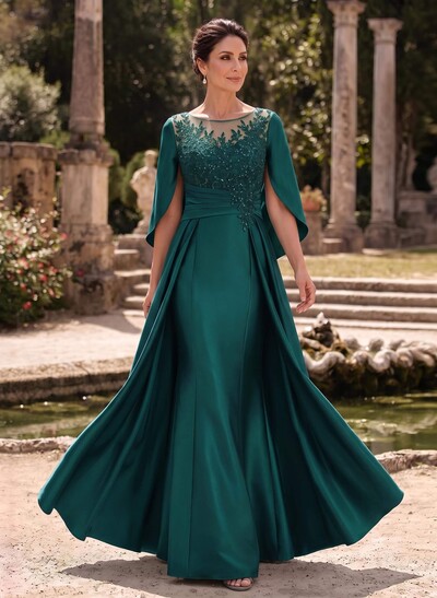A-Line Scoop Neck Cape Sleeves Floor-Length Satin Mother Of The Bride Dresses With Appliques Lace/Overskirt Dress