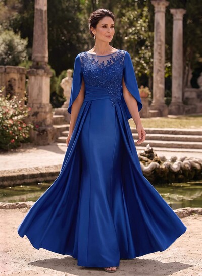 A-Line Scoop Neck Cape Sleeves Floor-Length Satin Mother Of The Bride Dresses With Appliques Lace/Overskirt Dress