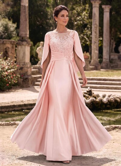 A-Line Scoop Neck Cape Sleeves Floor-Length Satin Mother Of The Bride Dresses With Appliques Lace/Overskirt Dress