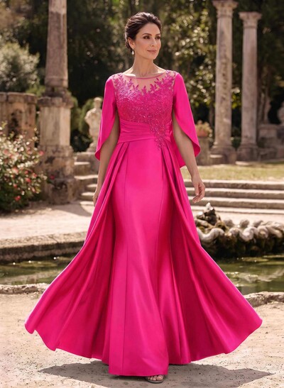 A-Line Scoop Neck Cape Sleeve Floor-Length Satin Mother of the Bride Dress with Lace Appliques and Overskirt
