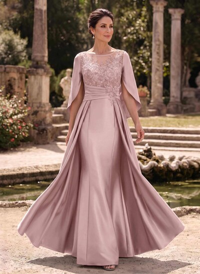 A-Line Scoop Neck Cape Sleeve Floor-Length Satin Mother of the Bride Dress with Lace Appliques and Overskirt