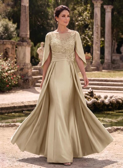 A-Line Scoop Neck Cape Sleeves Floor-Length Satin Mother Of The Bride Dresses With Appliques Lace/Overskirt Dress