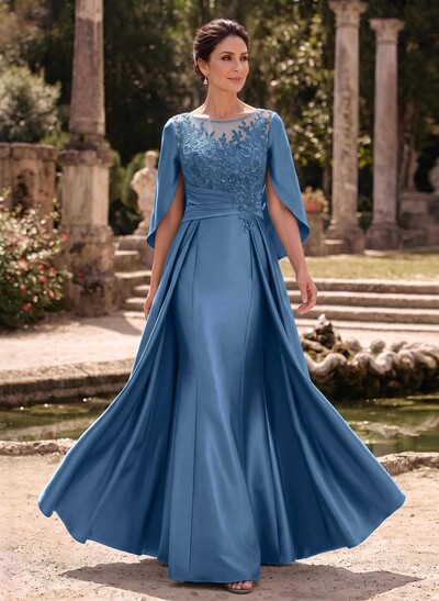 A-Line Scoop Neck Cape Sleeves Floor-Length Satin Mother Of The Bride Dresses With Appliques Lace/Overskirt Dress