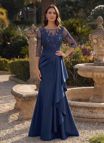 Trumpet/Mermaid Scoop Neck 3/4 Sleeves Floor-Length Satin Mother Of The Bride Dresses With Ruffle/Appliques Lace
