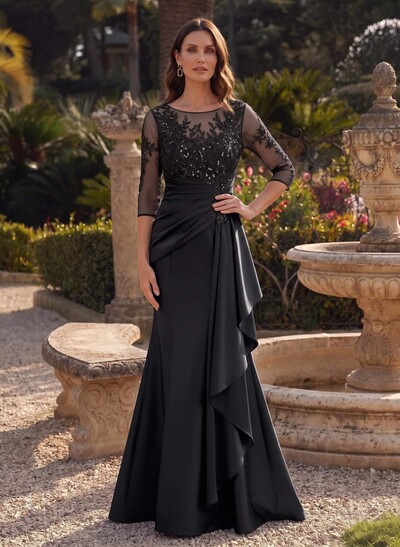Trumpet/Mermaid Scoop Neck 3/4 Sleeve Floor-Length Satin Mother Of The Bride Dress With Ruffles & Lace Appliques