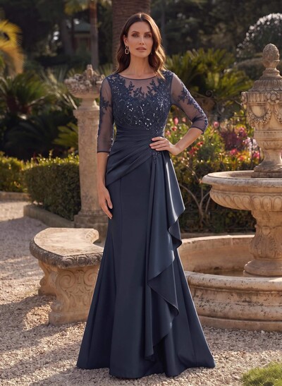 Trumpet/Mermaid Scoop Neck 3/4 Sleeves Floor-Length Satin Mother Of The Bride Dresses With Ruffle/Appliques Lace