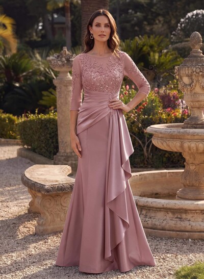 Trumpet/Mermaid Scoop Neck 3/4 Sleeve Floor-Length Satin Mother Of The Bride Dress With Ruffles & Lace Appliques