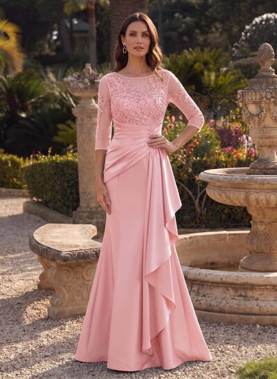 Trumpet/Mermaid Scoop Neck 3/4 Sleeves Floor-Length Satin Mother Of The Bride Dresses With Ruffle/Appliques Lace