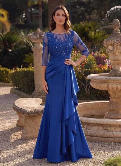 Trumpet/Mermaid Scoop Neck 3/4 Sleeves Floor-Length Satin Mother Of The Bride Dresses With Ruffle/Appliques Lace