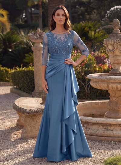 Trumpet/Mermaid Scoop Neck 3/4 Sleeve Floor-Length Satin Mother Of The Bride Dress With Ruffles And Lace Appliques