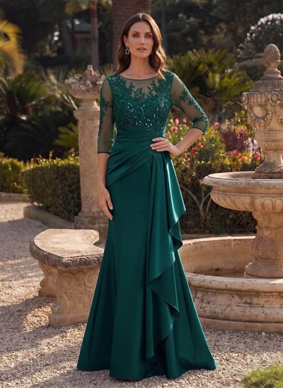 Trumpet/Mermaid Scoop Neck 3/4 Sleeves Floor-Length Satin Mother Of The Bride Dresses With Ruffle/Appliques Lace