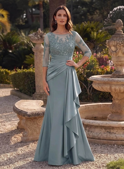 Trumpet/Mermaid Scoop Neck 3/4 Sleeves Floor-Length Satin Mother Of The Bride Dresses With Ruffle/Appliques Lace