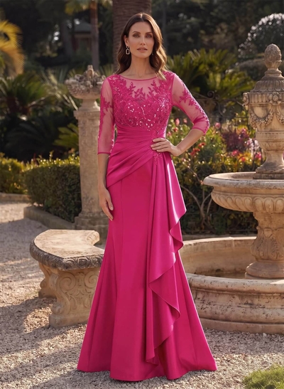 Trumpet/Mermaid Scoop Neck 3/4 Sleeve Floor-Length Satin Mother Of The Bride Dress With Ruffles And Lace Appliques