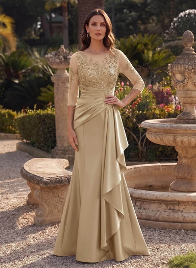 Trumpet/Mermaid Scoop Neck 3/4 Sleeves Floor-Length Satin Mother Of The Bride Dresses With Ruffle/Appliques Lace
