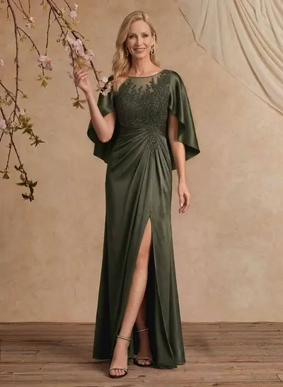 Sheath/Column Scoop Neck Cape Sleeves Floor-Length Charmeuse Mother Of The Bride Dresses With Appliques Lace/High Split