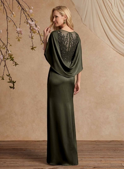 Sheath/Column Scoop Neck Cape Sleeves Floor-Length Charmeuse Mother Of The Bride Dresses With Appliques Lace/High Split