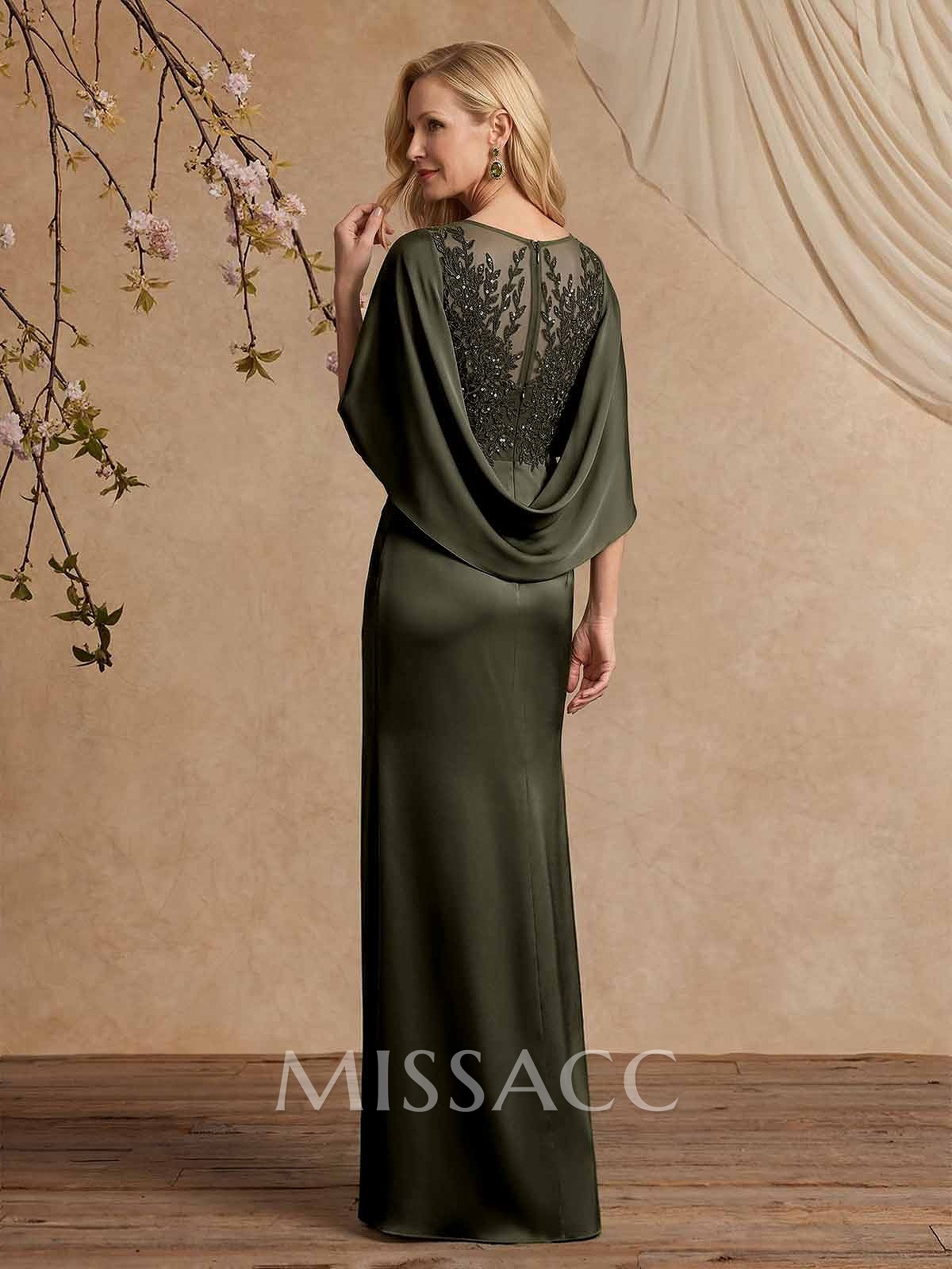 Sheath/Column Scoop Neck Cape Sleeves Floor-Length Charmeuse Mother Of The Bride Dresses With Appliques Lace/High Split