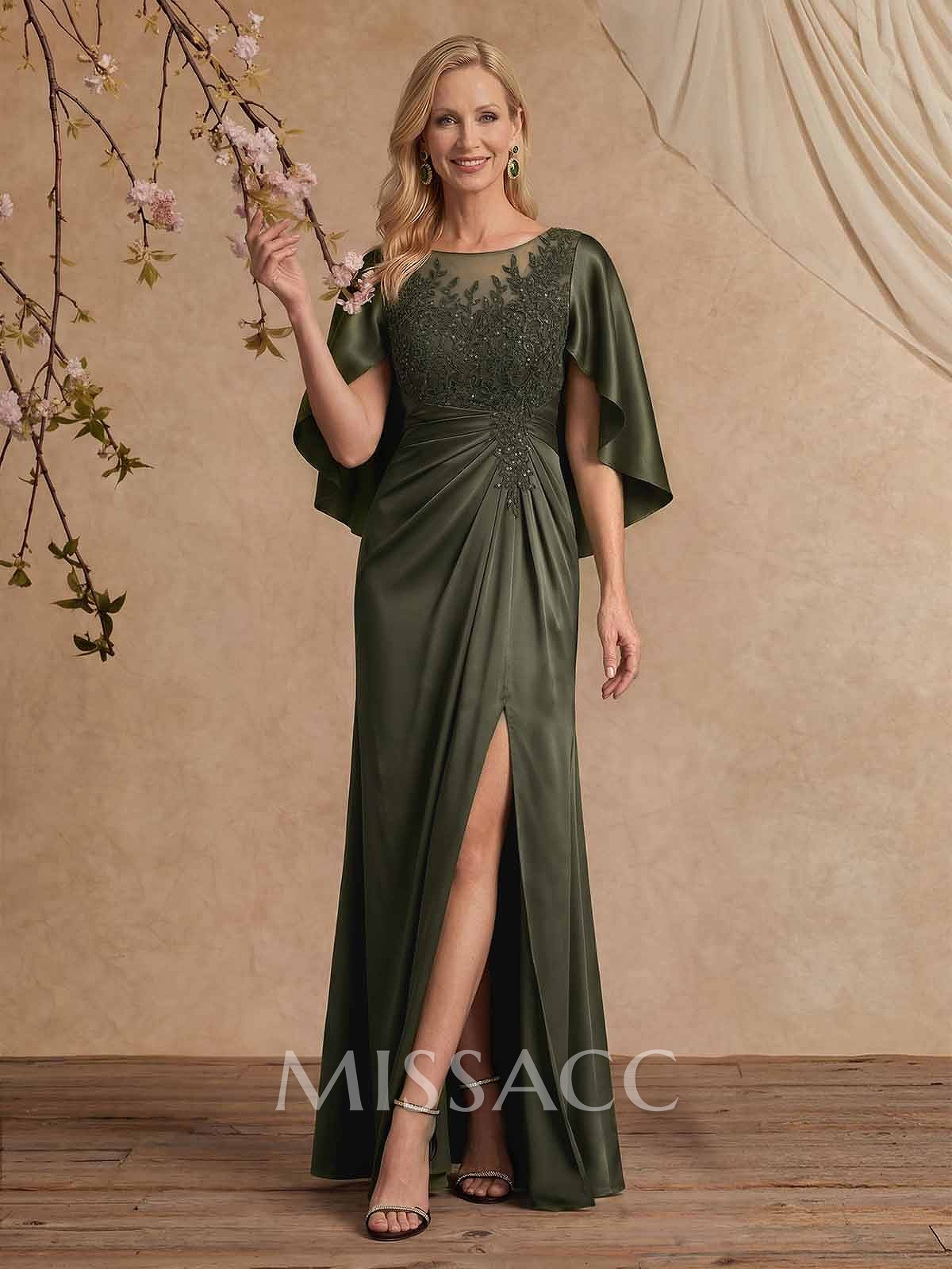 Sheath/Column Scoop Neck Cape Sleeves Floor-Length Charmeuse Mother Of The Bride Dresses With Appliques Lace/High Split