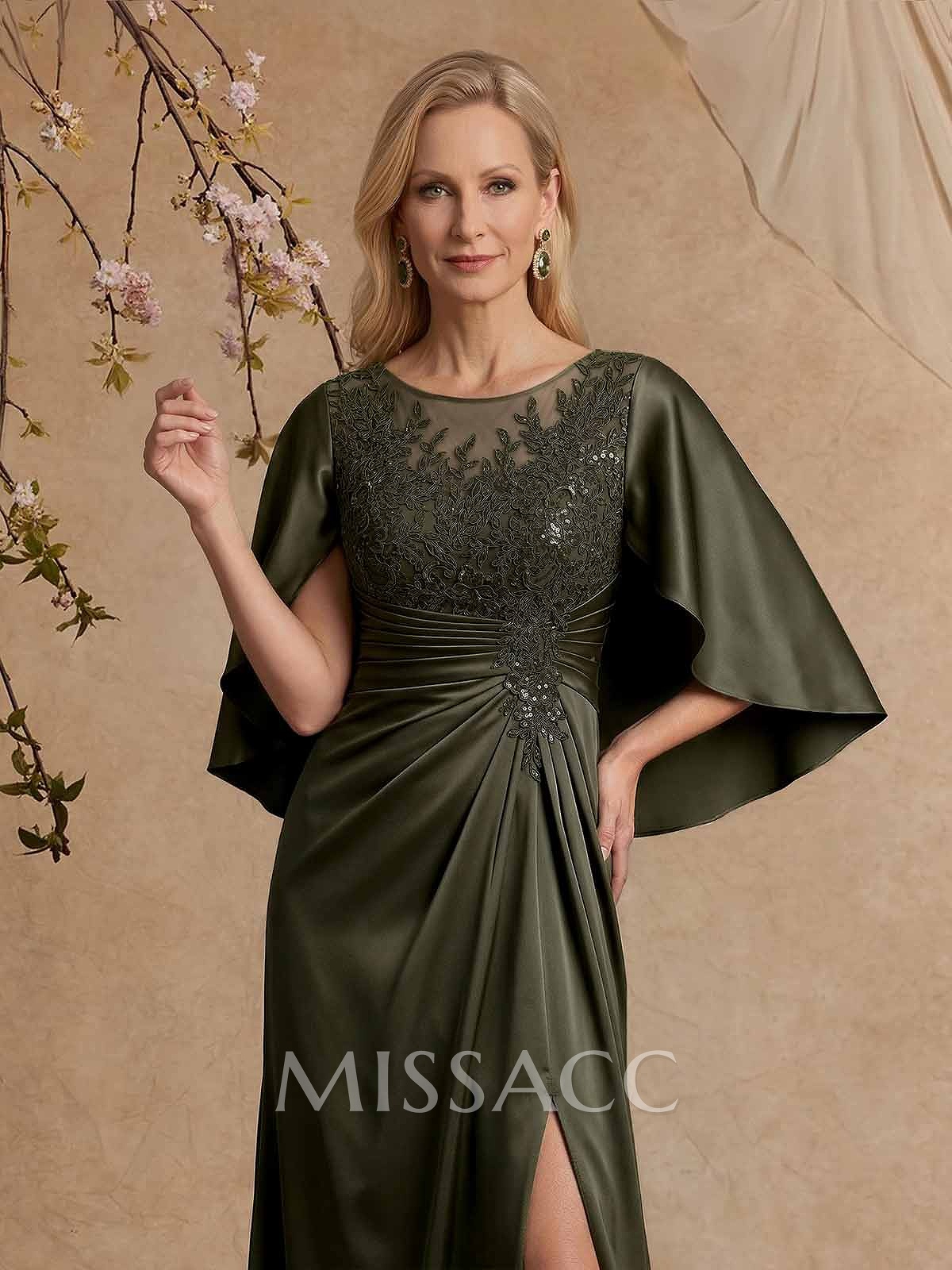 Sheath/Column Scoop Neck Cape Sleeves Floor-Length Charmeuse Mother Of The Bride Dresses With Appliques Lace/High Split